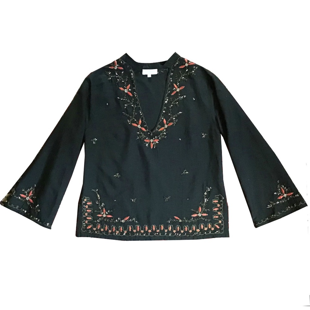 Vintage Indian Deep V-Neck Size M Blouse with Glass Beads and Burnt Orange